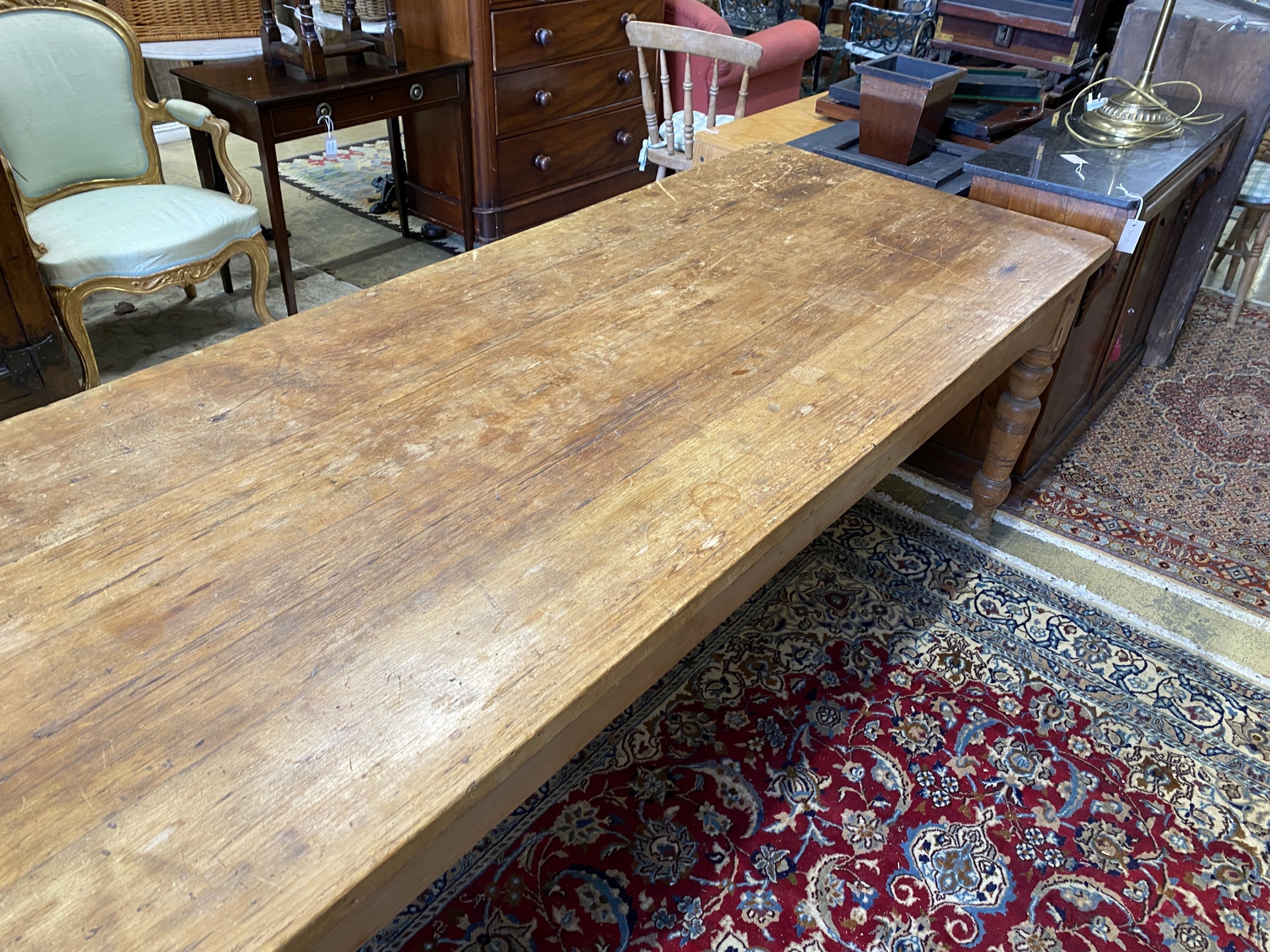 A Victorian pine kitchen table, length 272cm, depth 88cm, height 76cm